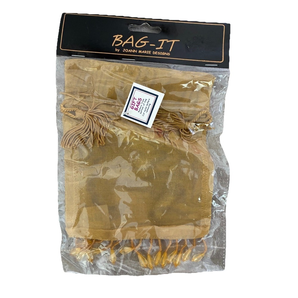 Joann Marie Designs Gift Bag Mustard Organza Tassels Beaded Sheer 5.5x7" Vtg NEW